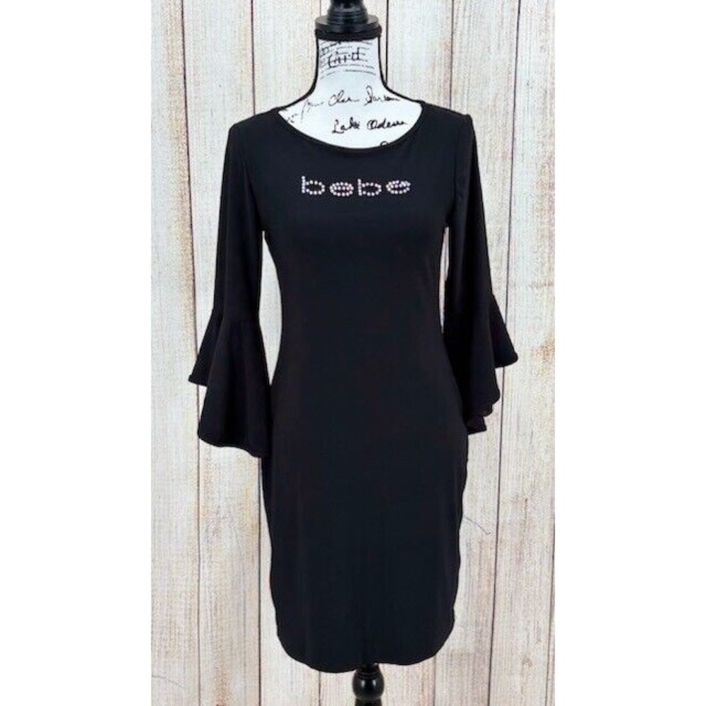 Bebe Women's Small NWT Swarovski Crystal Logo Flared Sleeve‎ Logo Dress Black